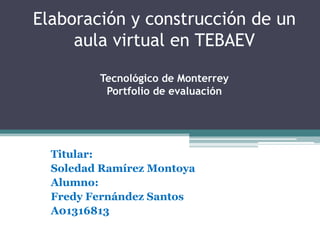 Elaboración y construcción de un
aula virtual en TEBAEV
Tecnológico de Monterrey
Portfolio de evaluación
Titular:
Soledad Ramírez Montoya
Alumno:
Fredy Fernández Santos
A01316813
 