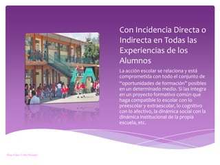 Con Incidencia Directa o Indirecta en Todas las Experiencias de los AlumnosLa acción escolar se relaciona y está comprometida con todo el conjunto de“oportunidades de formación” posibles en un determinado medio. Si las integra en un proyecto formativo común que haga compatible lo escolar con lo preescolar y extraescolar, lo cognitivo con lo afectivo, la dinámica social con la dinámica institucional de la propia escuela, etc.Rosa Elena Vélez Miranda