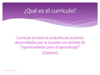 Currículo es todo el conjunto de acciones desarrolladas por la escuela con sentido de “oportunidades para el aprendizaje”(Zabalza)¿Qué es el currículo? Rosa Elena Vélez Miranda