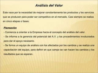 Análisis del Valor
Este nace por la necesidad de mejorar constantemente los productos y los servicios
que se producen para poder ser competitivo en el mercado. Casi siempre se realiza
en cinco etapas o fases:
Planeación
- Comienza a orientar a la Empresa hacia el concepto del análisis del valor.
- Se informa a la gerencia del potencial del A.V. y los procedimientos involucrados
para dar el apoyo necesario.
- Se forma un equipo de análisis con los afectados por los cambios y se realiza una
capacitación del equipo, para definir en que campo se van hacen los cambios y los
resultados que se esperan.
 