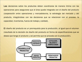 Las decisiones sobre los productos deben coordinarse de manera íntima con las
operaciones para asegurarse que el área quede integrada con el diseño del producto
(cooperación entre operaciones y mercadotecnia, la estrategia del mercado y del
producto, integrándose con las decisiones que se relacionan con el proceso, la
capacidad, inventarios, fuerza de trabajo y calidad).
El diseño del producto es un prerrequisito para la producción, al igual que el volumen
(resultado de la decisión de diseño del producto en forma de especificaciones que se
desea que tenga el producto y así permita que se proceda con la producción).
 