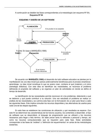 DISEÑO Y DESARROLLO DE UN SOFTWARE EDUCATIVO

A continuación se detallan las fases correspondientes a la metodología (ver esquema Nº 04).
Esquema Nº 04
ESQUEMA Y DISEÑO DE UN SOFTWARE

PLANEACIÓN
Si la prueba no es aceptada
PRUEBA
PILOTO
Nueva
Versión

DISEÑO

MEJORAMIENTO

PRODUCCIÓN

Fuente: En base a MARQUÉS (1995)
FASE I
Planeación

Si la prueba es
aceptada

EVALUACIÓN

Si se hicieron
cambios relevantes

De acuerdo con MARQUÉS (1995) el desarrollo de todo software educativo se plantea por la
manifestación de una idea inicial que parece potencialmente beneficiosa para el proceso enseñanzaaprendizaje. La idea inicial constituye lo que se quiere crear, contiene el qué (materia) y el cómo
(estrategia didáctica). Con esta idea se identifican las necesidades, se reconoce el problema
definiendo el propósito del software y se organiza un plan de actividades en donde se define el
tiempo de desarrollo.
La identificación de las necesidades permite reconocer el o los problemas, detectando a qué
se debieron y qué puede contribuir a su solución. Una vez estudiado el problema se realiza un
análisis de las necesidades y se culmina esta fase con la formulación de un plan para llevar a cabo
las siguientes fases. Esto implica consultar los recursos disponibles y las alternativas de usarlos para
cada una de las etapas siguientes.
En esta fase se establecen las condiciones de utilización y qué resultados se esperan. Con
este fin se determinan las características de los futuros usuarios, los contenidos a desarrollar, el tipo
de software que se desarrollará, el lenguaje de programación que se utilizará y los recursos
necesarios para llegar a feliz término. Se debe prever tanto lo referente a personal y tiempo, así
como los recursos computacionales que se requieren para cada fase. Estas actividades
corresponden a las fases de “análisis” o “definición de requerimientos” en varias de las metodologías
existentes.

AUTOR: DOCENTE DE CIENCIAS INFORMÁTICAS WILIAN RONALD, LOLI QUINCHO

 