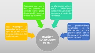 DISEÑO Y
ELABORACION
DE TEST
Test Psicológico o
educativo varía con el
tipo de prueba y con
los propósitos para los
cuales se crea.
Cualquiera que sea el
tipo de prueba, se
necesita cierto grado
de planeación antes de
escribir los reactivos.
La planeación deberá
incluir definiciones
claras de las variables y
uso que se le dará a los
resultados.
Los procedimientos
empleados en la
elaboración de una
prueba varían con el
tiempo y los propósitos
de los usuarios.
 
