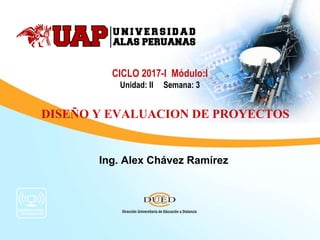 Ing. Alex Chávez Ramírez
CICLO 2017-I Módulo:I
Unidad: II Semana: 3
DISEÑO Y EVALUACION DE PROYECTOS
 