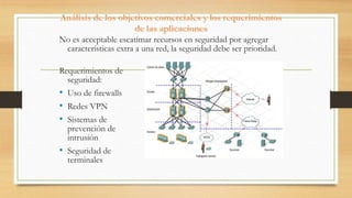 No es acceptable escatimar recursos en seguridad por agregar
características extra a una red, la seguridad debe ser prioridad.
Requerimientos de
seguridad:
• Uso de firewalls
• Redes VPN
• Sistemas de
prevención de
intrusión
• Seguridad de
terminales
 