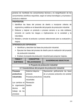 101 
ponerse de manifiesto los conocimientos técnicos y la resignificación de los conocimientos científicos requeridos, según el campo tecnológico y el proceso o producto a elaborar. 
PROPÓSITOS: 
1. Identificar las fases del proceso de diseño e incorporar criterios de ergonomía y estética en el desarrollo del proyecto de producción industrial. 
2. Elaborar y mejorar un producto o proceso cercano a su vida cotidiana, tomando en cuenta los riesgos e implicaciones en la sociedad y la naturaleza. 
3. Modelar y simular el producto o proceso seleccionado para su evaluación y mejora. 
APRENDIZAJES ESPERADOS: 
 Identifican y describen las fases de producción industrial. 
 Ejecutan las fases del proceso de diseño para la realización del proyecto de producción industrial. 
 Evalúan el proyecto de producción industrial para proponer mejoras. TEMAS Y SUBTEMAS CONCEPTOS RELACIONADOS SUGERENCIAS DIDÁCTICAS 
5. Proyecto de producción industrial 
5.1 Características del proyecto de producción industrial 
Procesos productivos industriales 
Los cambios en la organización técnica del trabajo: de los procesos 
Sistema máquina- producto 
Procesos productivos industriales 
Planeación 
Gestión 
Representar gráficamente las fases de un proceso productivo de carácter industrial. 
 