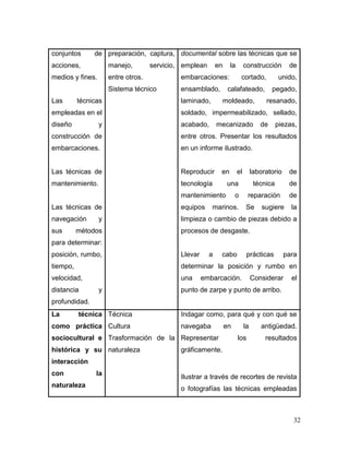 32 
conjuntos de acciones, medios y fines. 
Las técnicas empleadas en el diseño y construcción de embarcaciones. 
Las técnicas de mantenimiento. 
Las técnicas de navegación y sus métodos para determinar: posición, rumbo, tiempo, velocidad, distancia y profundidad. 
preparación, captura, manejo, servicio, entre otros. 
Sistema técnico 
documental sobre las técnicas que se emplean en la construcción de embarcaciones: cortado, unido, ensamblado, calafateado, pegado, laminado, moldeado, resanado, soldado, impermeabilizado, sellado, acabado, mecanizado de piezas, entre otros. Presentar los resultados en un informe ilustrado. 
Reproducir en el laboratorio de tecnología una técnica de mantenimiento o reparación de equipos marinos. Se sugiere la limpieza o cambio de piezas debido a procesos de desgaste. 
Llevar a cabo prácticas para determinar la posición y rumbo en una embarcación. Considerar el punto de zarpe y punto de arribo. 
La técnica como práctica sociocultural e histórica y su interacción con la naturaleza 
Técnica 
Cultura 
Trasformación de la naturaleza 
Indagar como, para qué y con qué se navegaba en la antigüedad. Representar los resultados gráficamente. 
Ilustrar a través de recortes de revista o fotografías las técnicas empleadas  