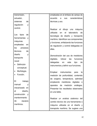 42 
transmisión, actuador, sistemas de regulación y control. 
Los tipos de herramientas y máquinas empleadas en los procesos técnicos de diseño y transporte naval: 
 Definición conceptual. 
 Morfología. 
 Función. 
El trabajo manual y mecanizado en el diseño, construcción y mantenimiento de equipos marítimos. 
empleadas en el énfasis de campo de acuerdo a sus características técnicas y uso. 
Realizar el dibujo una máquina utilizada en el laboratorio de tecnología de diseño y transporte marítimo. Identificar sus componentes y funciones, enfatizando las funciones de regulación y control delegadas en ellas. 
Demostración del uso de medidores digitales. Ubicar las funciones delegadas en este tipo de instrumentos y definir sus funciones. 
Emplear instrumentos para la medición de profundidad, contenido de oxígeno, temperatura, salinidad empleando medidores digitales o aparatos de medición análogos. Presentar los resultados observados en una tabla. 
Realizar un análisis sistémico del cambio técnico de una herramienta o máquina utilizada en el diseño y transporte marítimo. Se sugiere una  