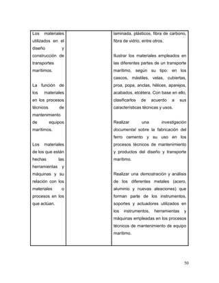 50 
Los materiales utilizados en el diseño y construcción de transportes marítimos. 
La función de los materiales en los procesos técnicos de mantenimiento de equipos marítimos. 
Los materiales de los que están hechas las herramientas y máquinas y su relación con los materiales o procesos en los que actúan. 
laminada, plásticos, fibra de carbono, fibra de vidrio, entre otros. 
Ilustrar los materiales empleados en las diferentes partes de un transporte marítimo, según su tipo: en los cascos, mástiles, velas, cubiertas, proa, popa, anclas, hélices, aparejos, acabados, etcétera. Con base en ello, clasificarlos de acuerdo a sus características técnicas y usos. 
Realizar una investigación documental sobre la fabricación del ferro cemento y su uso en los procesos técnicos de mantenimiento y productos del diseño y transporte marítimo. 
Realizar una demostración y análisis de los diferentes metales (acero, aluminio y nuevas aleaciones) que forman parte de los instrumentos, soportes y actuadores utilizados en los instrumentos, herramientas y máquinas empleadas en los procesos técnicos de mantenimiento de equipo marítimo. 
 