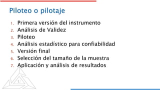 1. Primera versión del instrumento
2. Análisis de Validez
3. Piloteo
4. Análisis estadístico para confiabilidad
5. Versión final
6. Selección del tamaño de la muestra
7. Aplicación y análisis de resultados
 