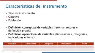  Tipo de instrumento
 Objetivo
 Población
 Definición conceptual de variables (retomar autores y
definición propia)
 Definición operacional de variables (dimensiones, categorías,
indicadores e ítems)
Variables Dimensiones Categorías Indicadores Ítems
 