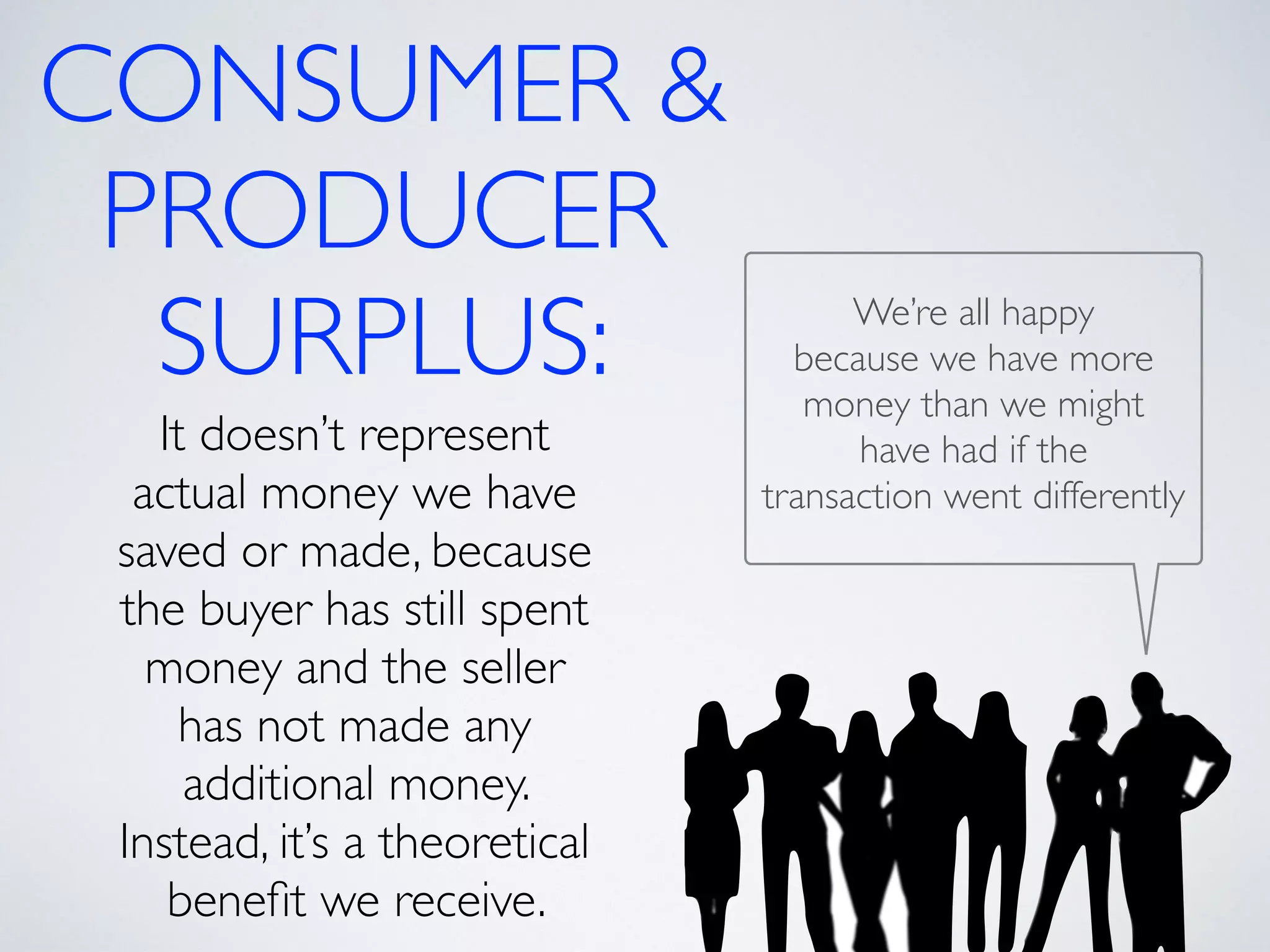 CONSUMER & 
PRODUCER 
SURPLUS: 
It doesn’t represent 
actual money we have 
saved or made, because 
the buyer has still spent 
money and the seller 
has not made any 
additional money. 
Instead, it’s a theoretical 
benefit we receive. 
We’re all happy 
because we have more 
money than we might 
have had if the 
transaction went differently 
 