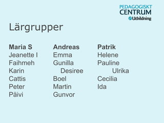 Lärgrupper
Maria S Andreas Patrik
Jeanette I Emma Helene
Faihmeh Gunilla Pauline
Karin Desiree Ulrika
Cattis Boel Cecilia
Peter Martin Ida
Päivi Gunvor
 