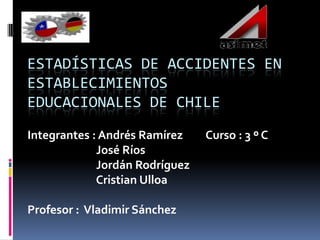 Estadísticas de accidentes en establecimientos educacionales de chile Integrantes : Andrés Ramírez         Curso : 3 º C                            José Ríos                            Jordán Rodríguez                                        Cristian Ulloa                    Profesor :  Vladimir Sánchez                          