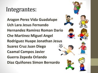 Integrantes:
Aragon Perez Vida Guadalupe
Uch Lara Jesus Fernando
Hernandez Ramirez Roman Dario
Che Martinez Miguel Angel
Rodriguez Huape Jonathan Jesus
Suarez Cruz Juan Diego
Caamal Campos Javier
Guerra Zepeda Orlando
Diaz Quiñones Simon Bernardo
 