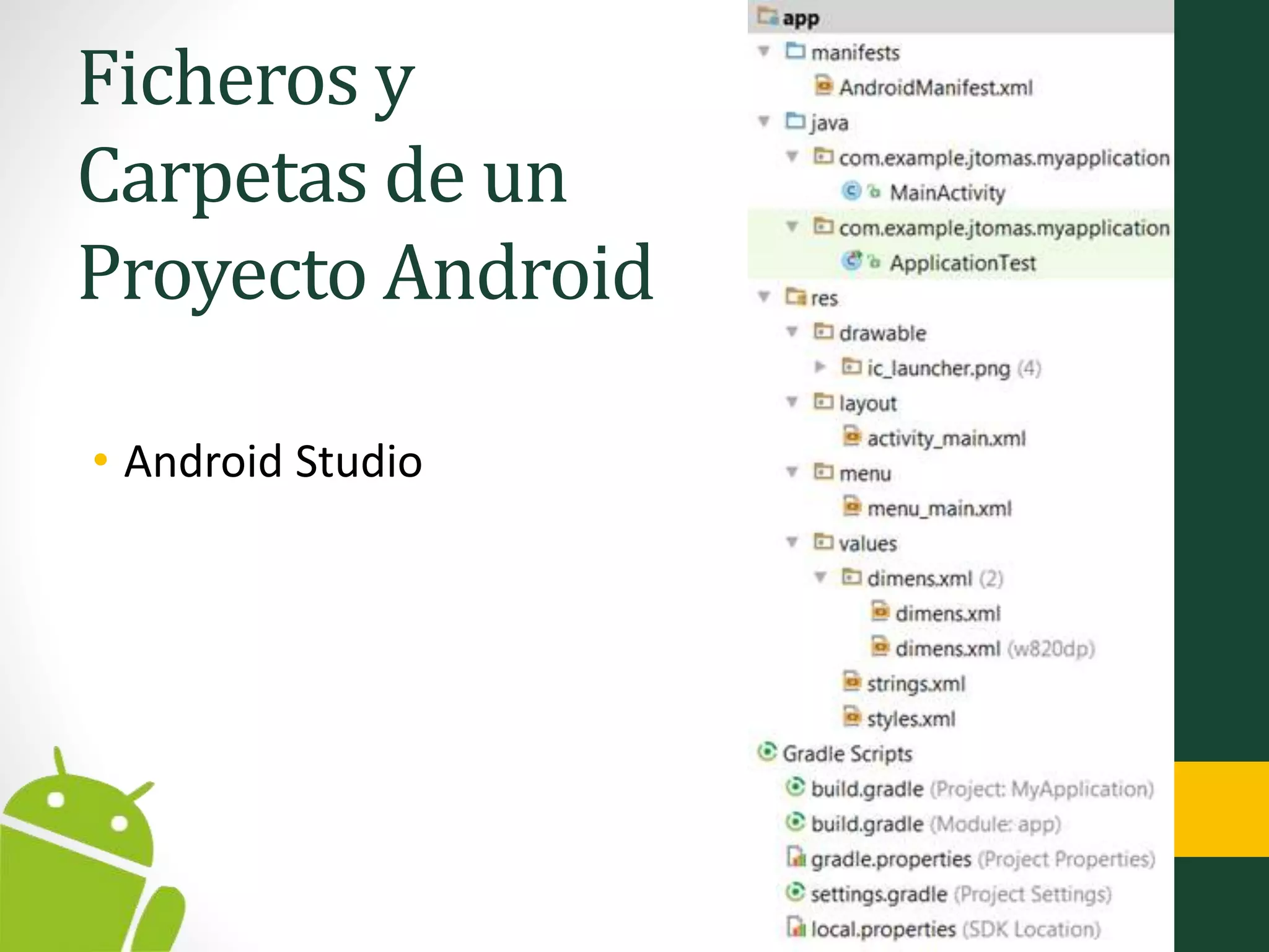 Ficheros y
Carpetas de un
Proyecto Android
• Android Studio
 