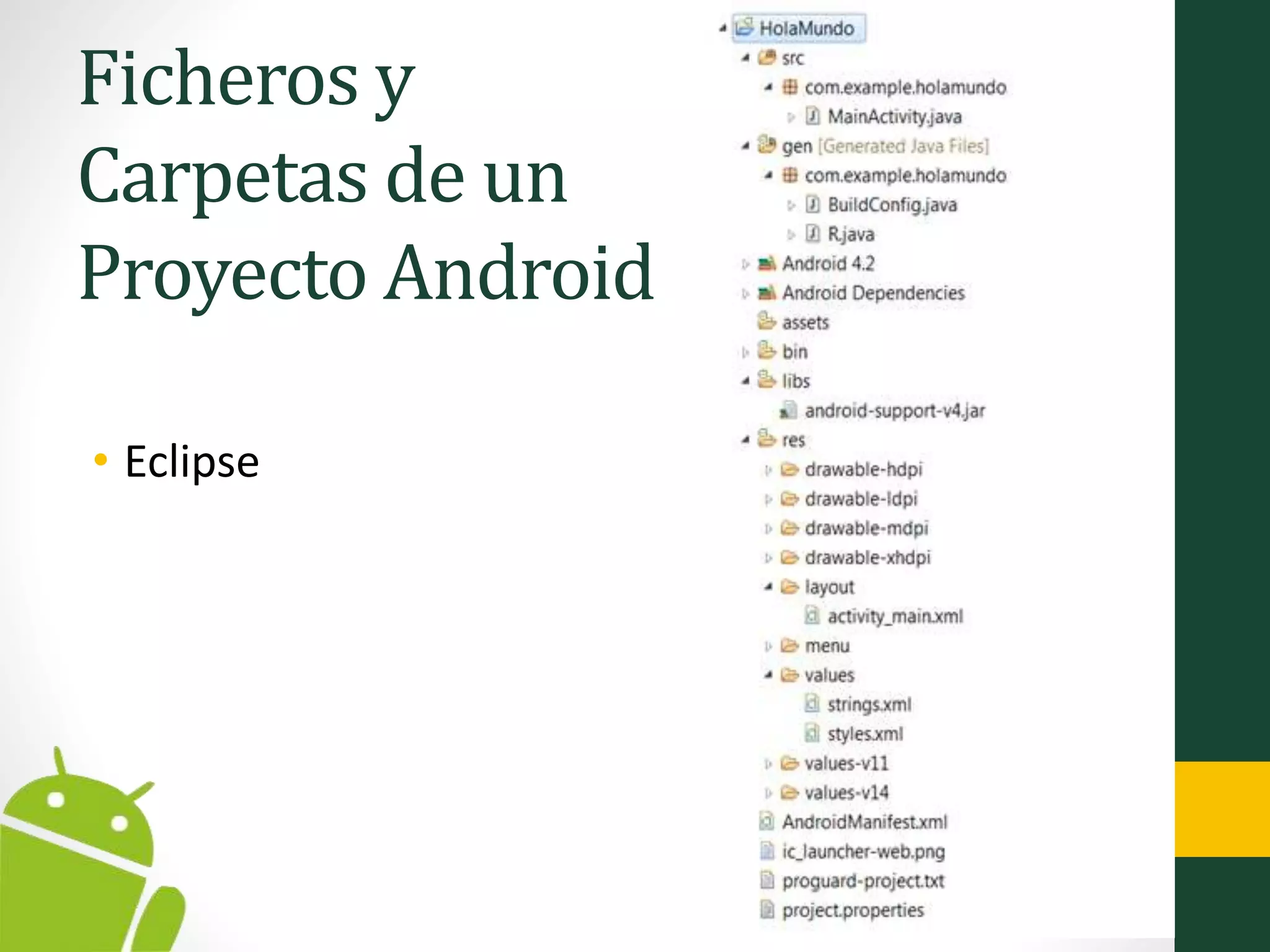 Ficheros y
Carpetas de un
Proyecto Android
• Eclipse
 