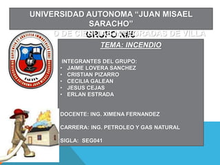 GRUPO N#6
UNIVERSIDAD AUTONOMA “JUAN MISAEL
SARACHO”
FACULTAD DE CIENCIAS INTEGRADAS DE VILLA
MONTESTEMA: INCENDIO
INTEGRANTES DEL GRUPO:
• JAIME LOVERA SANCHEZ
• CRISTIAN PIZARRO
• CECILIA GALEAN
• JESUS CEJAS
• ERLAN ESTRADA
DOCENTE: ING. XIMENA FERNANDEZ
CARRERA: ING. PETROLEO Y GAS NATURAL
SIGLA: SEG041
 