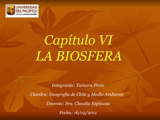 Capítulo VI  LA BIOSFERA   Integrante: Tamara Pinto Cátedra: Geografía de Chile y Medio Ambiente  Docente: Sra. Claudia Espinoza Fecha: 16/05/2011 