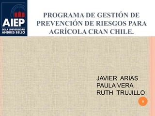 PROGRAMA DE GESTIÓN DE
PREVENCIÓN DE RIESGOS PARA
AGRÍCOLA CRAN CHILE.
0
JAVIER ARIAS
PAULA VERA
RUTH TRUJILLO
 