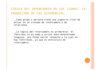 LÓGICA DEL INTERCAMBIO DE LOS SIGNOS: LA
PRODUCCIÓN DE LAS DIFERENCIAS.

  _Cada grupo o persona tiene una urgencia vital de
 actuar en un sistema de intercambio y de
 relaciones.


  _La lógica del intercambio es primordial. El
 individuo no es nada y existe ante determinado
 lenguaje, una forma social respecto a la cual no
 hay individuos, ya que es estructura de
 intercambio.
 