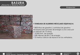 14 1 TONELADA DE ALUMINIO RECICLADO EQUIVALE A: * 5820 litros de gasolina ( cantidad de gasolina necesaria para proveer de energía a una casa por un periodo de 10 años) * 14.000 Kwh. de energía * 238 millones de BTU´s de energía * 10 metros cúbicos de espacio en los vertederos. 