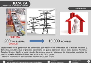 22 Especialistas en la generación de electricidád por medio de la combustión de la basura industrial y doméstica, señalaron que el’ proyecto es similar a los que ya operan en países como Suecia, Alemania, Estados Unidos, Japón y otros, donde diariamente queman alrededor de doscientas toneladas de basura para electricidad suficiente para surtir a diez mil hogares . 200  Ton. BASURA 10.000   HOGARES QUEMA DIARIOS Planta de tratamiento de residuos sólidos instalada en 2009 en Esquel 