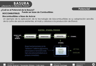 24 Potencial ¿Cuál es el Potencial de la Basura? BIOCOMBUSTIBLES Biocombustibles a Base de Azúcar Un ejemplo de la aplicación de la tecnología de biocombustibles es su adaptación sencilla de la caña de azúcar existentes, el maíz y celulosa a la producción de Etanol.  Puede ser base de Combustibles 
