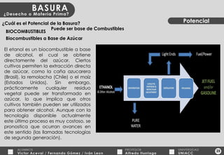 25 Potencial ¿Cuál es el Potencial de la Basura? BIOCOMBUSTIBLES Biocombustibles a Base de Azúcar El etanol es un biocombustible a base de alcohol, el cual se obtiene directamente del azúcar. Ciertos cultivos permiten la extracción directa de azúcar, como la caña azucarera (Brasil), la remolacha (Chile) o el maíz (Estados Unidos). Sin embargo, prácticamente cualquier residuo vegetal puede ser transformado en azúcar, lo que implica que otros cultivos también pueden ser utilizados para obtener alcohol. Aunque con la tecnología disponible actualmente este último proceso es muy costoso, se pronostica que ocurran avances en este sentido (las llamadas tecnologías de segunda generación). Puede ser base de Combustibles 