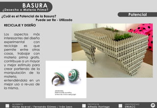 29 Potencial ¿Cuál es el Potencial de la Basura? RECICLAJE Y DISEÑO Puede ser Re - Utilizada Los aspectos más interesantes del diseño experimental con reciclaje es que permite entre otras cosas, trabajar con materia prima gratis, contribuye a un mayor y mejor estímulo para crear partiendo de la manipulación de la materia, entendiéndola en un mejor uso o re-uso de la misma. 