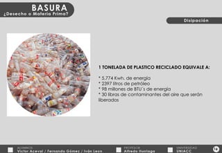 16 1 TONELADA DE PLASTICO RECICLADO EQUIVALE A: * 5.774 Kwh. de energía * 2397 litros de petróleo * 98 millones de BTU´s de energía * 30 libras de contaminantes del aire que serán liberados 