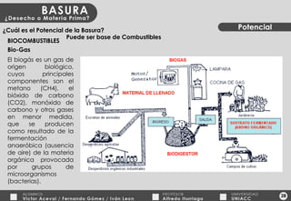 28 Potencial ¿Cuál es el Potencial de la Basura? BIOCOMBUSTIBLES Bio-Gas El biogás es un gas de origen biológico, cuyos principales componentes son el metano (CH4), el bióxido de carbono (CO2), monóxido de carbono y otros gases en menor medida, que se producen como resultado de la fermentación anaeróbica (ausencia de aire) de la materia orgánica provocada por grupos de microorganismos (bacterias). Puede ser base de Combustibles 