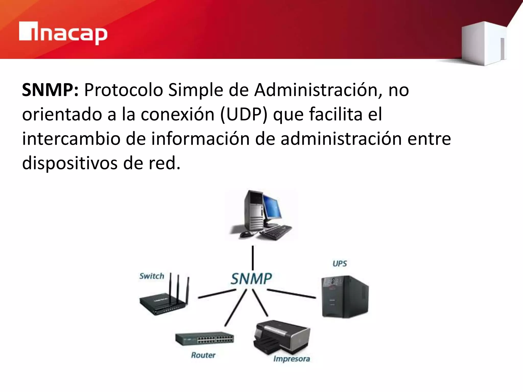 SNMP: Protocolo Simple de Administración, no
orientado a la conexión (UDP) que facilita el
intercambio de información de administración entre
dispositivos de red.
 