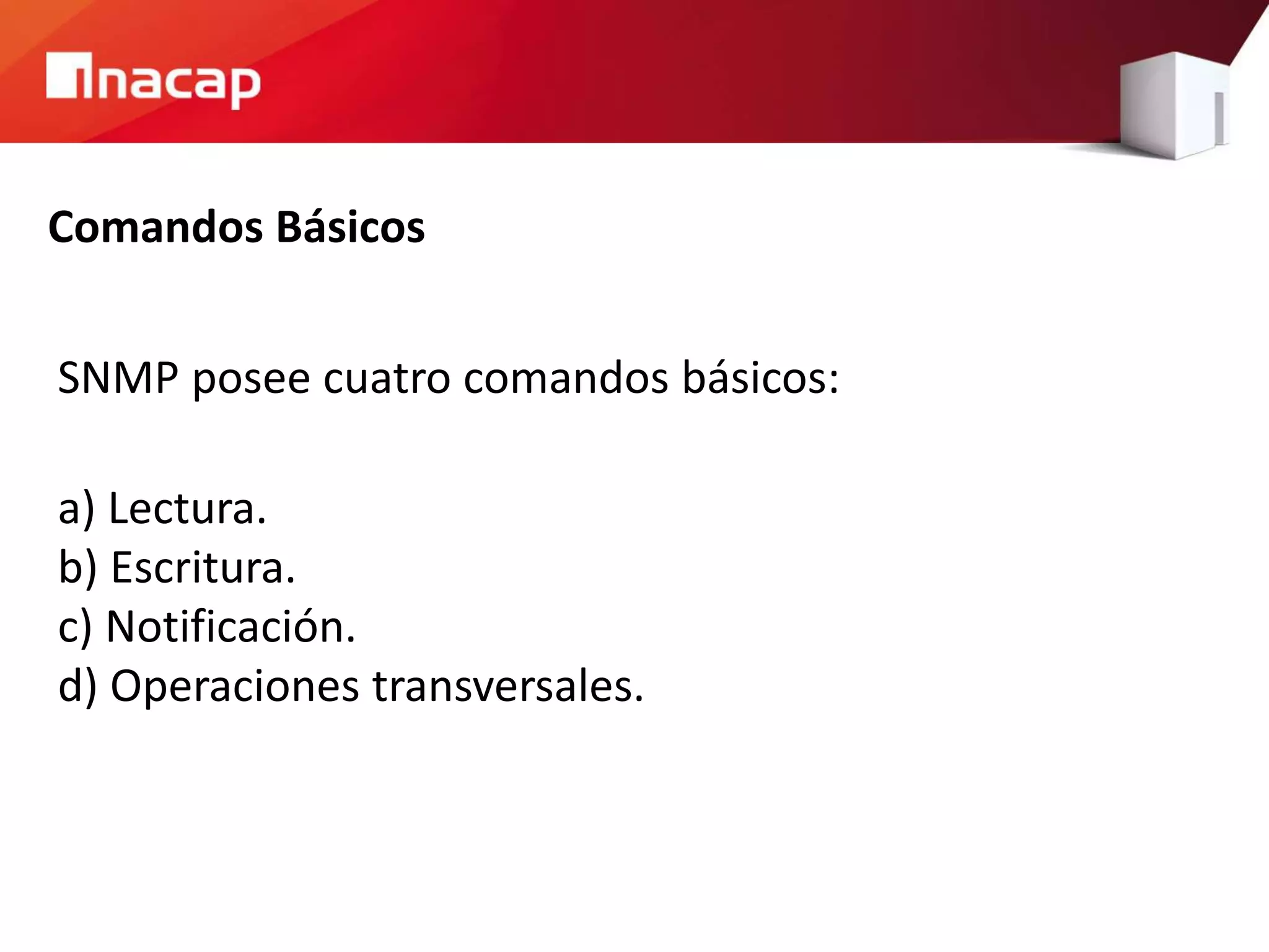 Comandos Básicos
SNMP posee cuatro comandos básicos:
a) Lectura.
b) Escritura.
c) Notificación.
d) Operaciones transversales.
 