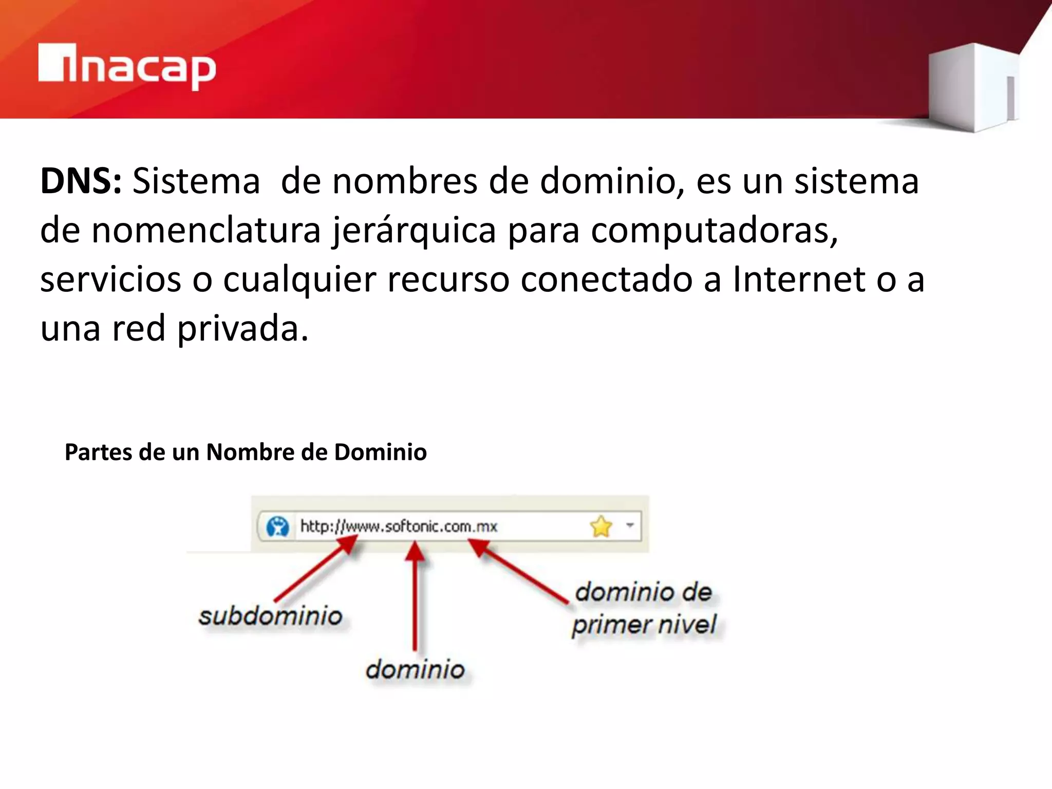 DNS: Sistema de nombres de dominio, es un sistema
de nomenclatura jerárquica para computadoras,
servicios o cualquier recurso conectado a Internet o a
una red privada.
Partes de un Nombre de Dominio
 
