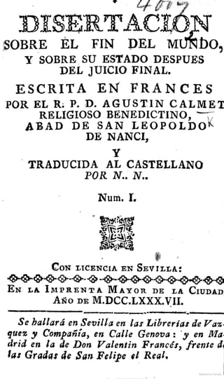 Disertacion sobre el fin del mundo - Benedictino Agustin Calmet