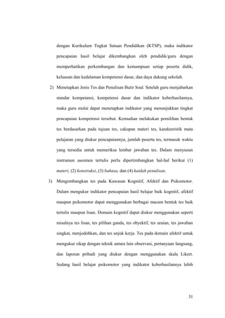 dengan Kurikulum Tngkat Satuan Pendidikan (KTSP), maka indikator
pencapaian hasil belajar dikembangkan oleh pendidik/guru dengan
memperhatikan perkembangan dan kemampuan setiap peserta didik,
keluasan dan kedalaman kompetensi dasar, dan daya dukung sekolah.
2) Menetapkan Jenis Tes dan Penulisan Butir Soal. Setelah guru menjabarkan
standar kompetansi, kompetensi dasar dan indikator keberhasilannya,
maka guru mulai dapat menetapkan indikator yang menunjukkan tingkat
pencapaian kompetensi tersebut. Kemudian melakukan pemilihan bentuk
tes berdasarkan pada tujuan tes, cakupan materi tes, karakteristik mata
pelajaran yang diukur pencapaiannya, jumlah peserta tes, termasuk waktu
yang tersedia untuk memeriksa lembar jawaban tes. Dalam menyusun
instrumen asesmen tertulis perlu dipertimbangkan hal-hal berikut (1)
materi, (2) konstruksi, (3) bahasa, dan (4) kaidah penulisan.
3) Mengembangkan tes pada Kawasan Kognitif, Afektif dan Psikomotor.
Dalam mengukur indikator pencapaian hasil belajar baik kognitif, afektif
maupun psikomotor dapat menggunakan berbagai macam bentuk tes baik
tertulis maupun lisan. Domain kognitif dapat diukur menggunakan seperti
misalnya tes lisan, tes pilihan ganda, tes obyektif, tes uraian, tes jawaban
singkat, menjodohkan, dan tes unjuk kerja. Tes pada domain afektif untuk
mengukur sikap dengan teknik antara lain observasi, pertanyaan langsung,
dan laporan pribadi yang diukur dengan menggunakan skala Likert.
Sedang hasil belajar psikomotor yang indikator keberhasilannya lebih
31
 