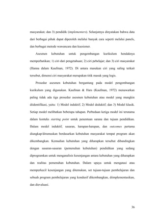 masyarakat; dan 3) pendidik (implementers). Selanjutnya dinyatakan bahwa data
dari berbagai pihak dapat diperoleh melalui banyak cara seperti melalui panels,
dan berbagai metode wawancara dan kuesioner.
Asesmen kebutuhan untuk pengembangan kurikulum hendaknya
memperhatikan; 1) ciri dari pengetahuan; 2) ciri pebelajar; dan 3) ciri masyarakat
(Hanna dalam Kaufman, 1972). Di antara masukan ciri yang saling terkait
tersebut, dimensi ciri masyarakat merupakan titik masuk yang logis.
Prosedur asesmen kebutuhan bergantung pada model pengembangan
kurikulum yang digunakan. Kaufman & Hars (Kaufman, 1972) menawarkan
paling tidak ada tiga prosedur asesmen kebutuhan atau model yang mungkin
diidentifikasi, yaitu: 1) Model induktif; 2) Model deduktif; dan 3) Model klasik.
Setiap model melibatkan beberapa tahapan. Perbedaan ketiga model ini terutama
dalam konteks starting point untuk penentuan sarana dan tujuan pendidikan.
Dalam model induktif, sasaran, harapan-harapan, dan outcomes pertama
diungkap/dirumuskan berdasarkan kebutuhan masyarakat tempat program akan
dikembangkan. Kemudian kebutuhan yang diharapkan tersebut dibandingkan
dengan sasaran-sasaran (pemenuhan kebutuhan) pendidikan yang sedang
diprogramkan untuk menganalisis kesenjangan antara kebutuhan yang diharapkan
dan realitas pemenuhan kebutuhan. Dalam upaya untuk mengatasi atau
memperkecil kesenjangan yang ditemukan, set tujuan-tujuan pembelajaran dan
sebuah program pembelajaran yang kondusif dikembangkan, diimplementasikan,
dan dievaluasi.
36
 