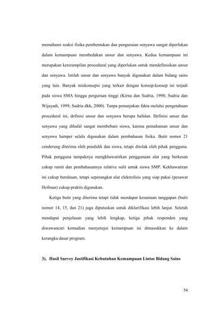 memahami reaksi fisika pembentukan dan penguraian senyawa sangat diperlukan
dalam kemampuan membedakan unsur dan senyawa. Kedua kemampuan ini
merupakan kererampilan procedural yang diperlukan untuk mendefinisikan unsur
dan senyawa. Istilah unsur dan senyawa banyak digunakan dalam bidang sains
yang lain. Banyak miskonsepsi yang terkait dengan konsep-konsep ini terjadi
pada siswa SMA hingga perguruan tinggi (Kirna dan Sudria, 1998; Sudria dan
Wijayadi, 1999; Sudria dkk, 2000). Tanpa penunjukan fakta melalui pengetahuan
procedural ini, definisi unsur dan senyawa berupa hafalan. Definisi unsur dan
senyawa yang dihafal sangat membebani siswa, karena pemahaman unsur dan
senyawa hamper selalu digunakan dalam pembahasan fisika. Butir nomor 21
cenderung diterima oleh pendidik dan siswa, tetapi ditolak oleh pihak pengguna.
Pihak pengguna tampaknya mengkhawatirkan penggunaan alat yang berkesan
cukup rumit dan pembahasannya relative sulit untuk siswa SMP. Kekhawatiran
ini cukup beralasan, tetapi seperangkat alat elektrolisis yang siap pakai (pesawat
Hofman) cukup praktis digunakan.
Ketiga butir yang diterima tetapi tidak mendapat kesamaan tanggapan (butir
nomor 14, 15, dan 21) juga diputuskan untuk diklarifikasi lebih lanjut. Seletah
mendapat penjelasan yang lebih lengkap, ketiga pihak responden yang
diwawancari kemudian menyetujui kemampuan ini dimasukkan ke dalam
kerangka dasar program.
3). Hasil Survey Jastifikasi Kebutuhan Kemampuan Lintas Bidang Sains
54
 