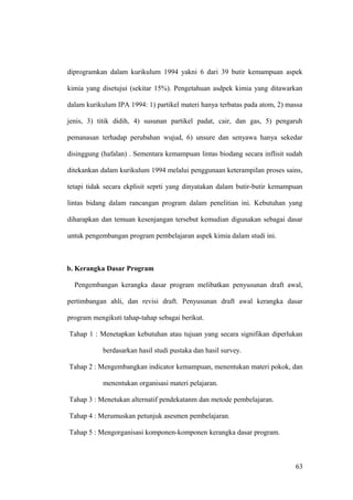 diprogramkan dalam kurikulum 1994 yakni 6 dari 39 butir kemampuan aspek
kimia yang disetujui (sekitar 15%). Pengetahuan asdpek kimia yang ditawarkan
dalam kurikulum IPA 1994: 1) partikel materi hanya terbatas pada atom, 2) massa
jenis, 3) titik didih, 4) susunan partikel padat, cair, dan gas, 5) pengaruh
pemanasan terhadap perubahan wujud, 6) unsure dan senyawa hanya sekedar
disinggung (hafalan) . Sementara kemampuan lintas biodang secara inflisit sudah
ditekankan dalam kurikulum 1994 melalui penggunaan keterampilan proses sains,
tetapi tidak secara ekplisit seprti yang dinyatakan dalam butir-butir kemampuan
lintas bidang dalam rancangan program dalam penelitian ini. Kebutuhan yang
diharapkan dan temuan kesenjangan tersebut kemudian digunakan sebagai dasar
untuk pengembangan program pembelajaran aspek kimia dalam studi ini.
b. Kerangka Dasar Program
Pengembangan kerangka dasar program melibatkan penyusunan draft awal,
pertimbangan ahli, dan revisi draft. Penyusunan draft awal kerangka dasar
program mengikuti tahap-tahap sebagai berikut.
Tahap 1 : Menetapkan kebutuhan atau tujuan yang secara signifikan diperlukan
berdasarkan hasil studi pustaka dan hasil survey.
Tahap 2 : Mengembangkan indicator kemampuan, menentukan materi pokok, dan
menentukan organisasi materi pelajaran.
Tahap 3 : Menetukan alternatif pendekatanm dan metode pembelajaran.
Tahap 4 : Merumuskan petunjuk asesmen pembelajaran.
Tahap 5 : Mengorganisasi komponen-komponen kerangka dasar program.
63
 
