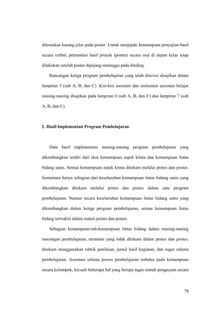 ditemukan kurang jelas pada poster. Untuk menjajaki kemampuan penyajian hasil
secara verbal, prtesentasi hasil proyek (poster) secara oral di depan kelas tetap
dilakukan setelah poster dipajang seminggu pada dinding.
Rancangan ketiga program pembelajaran yang telah direvisi disajikan dalam
lampiran 5 (sub A, B, dan C). Kisi-kisi asesmen dan instrumen asesmen belajar
masing-masing disajikan pada lampiran 6 (sub A, B, dan C) dan lampiran 7 (sub
A, B, dan C).
2. Hasil Implementasi Program Pembelajaran
Data hasil implementasi masing-masing program pembelajaran yang
dikembangkan terdiri dari skor kemampuan aspek kimia dan kemampuan lintas
bidang sains. Semua kemampuan aspek kimia direkam melalui pretes dan postes.
Sementara hanya sebagian dari keseluruhan kemampuan lintas bidang sains yang
dikembangkan direkam melalui pretes dan postes dalam satu program
pembelajaran. Namun secara keseluruhan kemampuan lintas bidang sains yang
dikembangkan dalam ketiga program pembelajaran, semua kemampuan lintas
bidang terwakili dalam materi pretes dan postes.
Sebagian kemampuan/sub-kemampuan lintas bidang dalam masing-masing
rancangan pembelajaran, terutama yang tidak direkam dalam pretes dan postes,
direkam menggunakan rubrik penilaian, jurnal hasil kegiatan, dan tugas selama
pembelajaran. Asesmen selama proses pembelajaran terbatas pada kemampuan
secara kelompok, kecuali beberapa hal yang berupa tugas rumah pengayaan secara
78
 