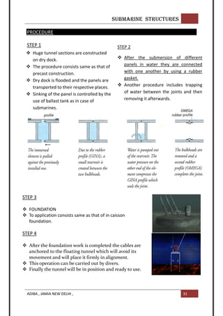 SUBMARINE STRUCTURES
ADIBA , JAMIA NEW DELHI , 31
PROCEDURE
STEP 1
 Huge tunnel sections are constructed
on dry dock.
 The procedure consists same as that of
precast construction.
 Dry dock is flooded and the panels are
transported to their respective places.
 Sinking of the panel is controlled by the
use of ballast tank as in case of
submarines.
STEP 2
 After the submersion of different
panels in water they are connected
with one another by using a rubber
gasket.
 Another procedure includes trapping
of water between the joints and then
removing it afterwards.
STEP 3
 FOUNDATION
 To application consists same as that of in caisson
foundation.
STEP 4
 After the foundation work is completed the cables are
anchored to the floating tunnel which will avoid its
movement and will place it firmly in alignment.
 This operation can be carried out by divers.
 Finally the tunnel will be in position and ready to use.
 