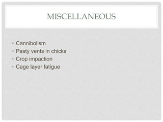 MISCELLANEOUS
• Cannibolism
• Pasty vents in chicks
• Crop impaction
• Cage layer fatigue
 