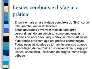 Lesões cerebrais e disfagia: a prática Engolir é mais uma atividade complexa do SNC, como fala, marcha, andar de bicicleta Estas atividades envolvem mais de uma área cerebral, agindo em concêrto, como uma orquestra Regiões de neocórtex, arquicórtex, núcleos talâmicos e de tronco precisam agir em precisa coordenação Todas estas atividades se tornam imprecisas quando a população de neurônios disponível diminui, seja por lesões, sonolência, toxicidade de drogas, como dirigir bêbado 