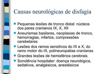 Causas neurológicas de disfagia Pequenas lesões de tronco distal: núcleos dos pares cranianos IX, X, XII Aneurismas basilares, neoplasias de tronco, hemorragias, infartos, compressões cerebelares Lesões dos ramos sensitivos do IX e X, do ramo motor do IX, polineuropatias cranianas Grandes lesões de hemisférios cerebrais Sonolência hospitalar: doença neurológica, sedativos, analgésicos, anestésicos 