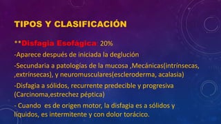 TIPOS Y CLASIFICACIÓN
**Disfagia Esofágica: 20%
-Aparece después de iniciada la deglución
-Secundaria a patologías de la mucosa ,Mecánicas(intrínsecas,
,extrínsecas), y neuromusculares(escleroderma, acalasia)
-Disfagia a sólidos, recurrente predecible y progresiva
(Carcinoma,estrechez péptica)
- Cuando es de origen motor, la disfagia es a sólidos y
líquidos, es intermitente y con dolor torácico.
 