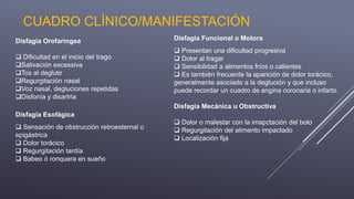 CUADRO CLÍNICO/MANIFESTACIÓN
Disfagia Orofaringea
 Dificultad en el inicio del trago
Salivación excessiva
Tos al deglutir
Regurgitación nasal
Voz nasal, degluciones repetidas
Disfonía y disartria
Disfagia Esofágica
 Sensación de obstrucción retroesternal o
epigástrica
 Dolor torácico
 Regurgitación tardía
 Babeo ó ronquera en sueño
Disfagia Funcional o Motora
 Presentan una dificultad progresiva
 Dolor al tragar
 Sensibilidad a alimentos fríos o calientes
 Es también frecuente la aparición de dolor torácico,
generalmente asociado a la deglución y que incluso
puede recordar un cuadro de angina coronaria o infarto.
Disfagia Mecánica u Obstructiva
 Dolor o malestar con la imapctación del bolo
 Regurgitación del alimento impactado
 Localización fija
 