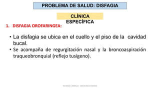 1. DISFAGIA OROFARINGEA:
PROBLEMA DE SALUD: DISFAGIA
CLÍNICA
ESPECÍFICA
• La disfagia se ubica en el cuello y el piso de la cavidad
bucal.
• Se acompaña de regurgitación nasal y la broncoaspiración
traqueobronquial (reflejo tusígeno).
RICARDO CARRILLO - MEDICINA HUMANA
 