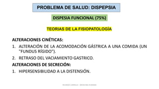 ALTERACIONES CINÉTICAS:
1. ALTERACIÓN DE LA ACOMODACIÓN GÁSTRICA A UNA COMIDA (UN
"FUNDUS RÍGIDO").
2. RETRASO DEL VACIAMIENTO GASTRICO.
ALTERACIONES DE SECRECIÓN:
1. HIPERSENSIBILIDAD A LA DISTENSIÓN.
RICARDO CARRILLO - MEDICINA HUMANA
PROBLEMA DE SALUD: DISPEPSIA
DISPESIA FUNCIONAL (75%)
TEORIAS DE LA FISIOPATOLOGÍA
 