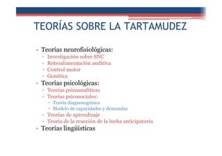 TEORÍAS SOBRE LA TARTAMUDEZ
• Teorías neurofisiológicas:
▫ Investigación sobre SNC
▫ Retroalimentación auditiva
▫ Control motor
▫ Genética
• Teorías psicológicas:
▫ Teorías psicoanalíticas
▫ Teorías psicosociales:
Teoría diagnosogénica
Modelo de capacidades y demandas
▫ Teorías de aprendizaje
▫ Teoría de la reacción de la lucha anticipatoria
• Teorías lingüísticas
 